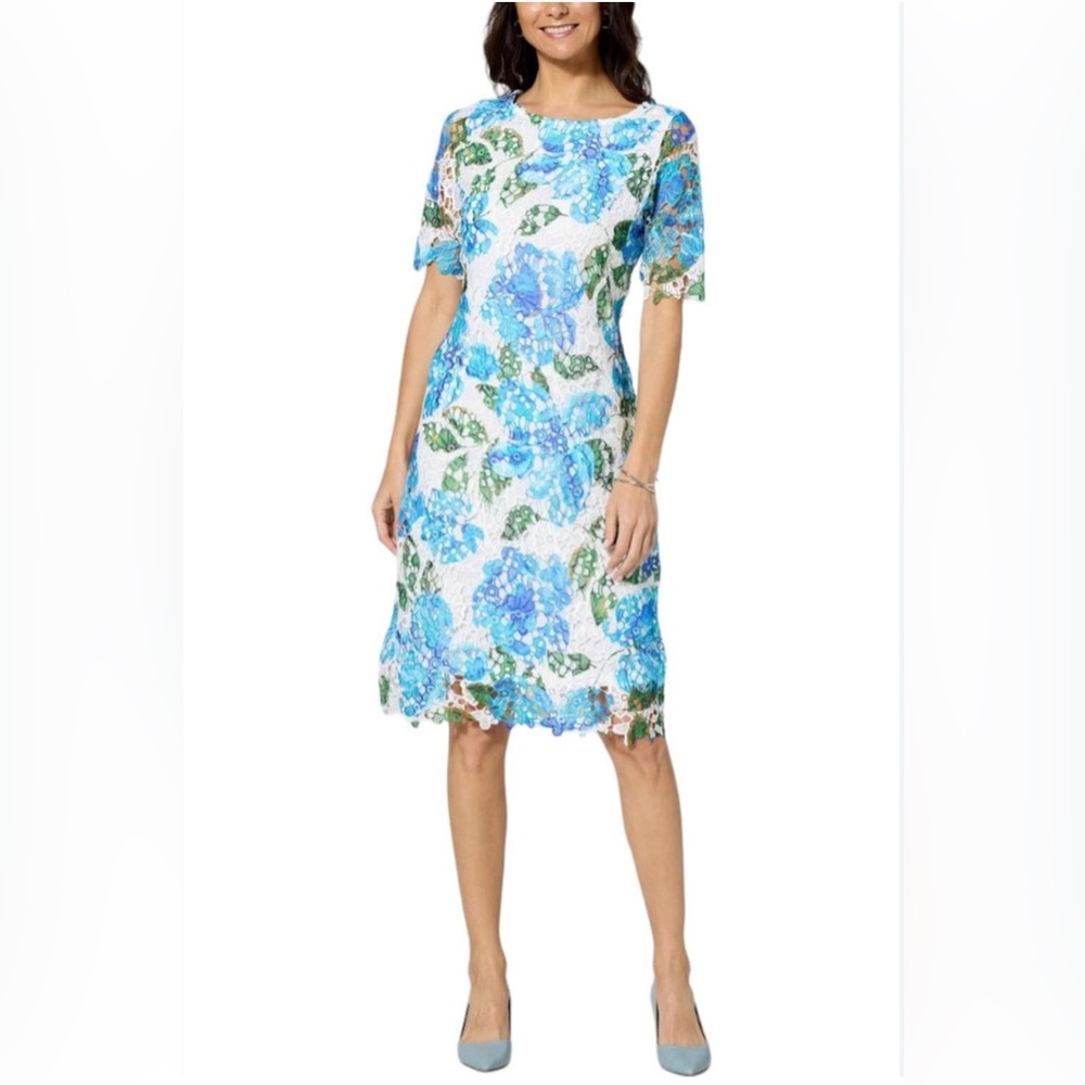 Nina Leonard Printed Floral Lace Sheath Dress Bright Cobalt Multi size L